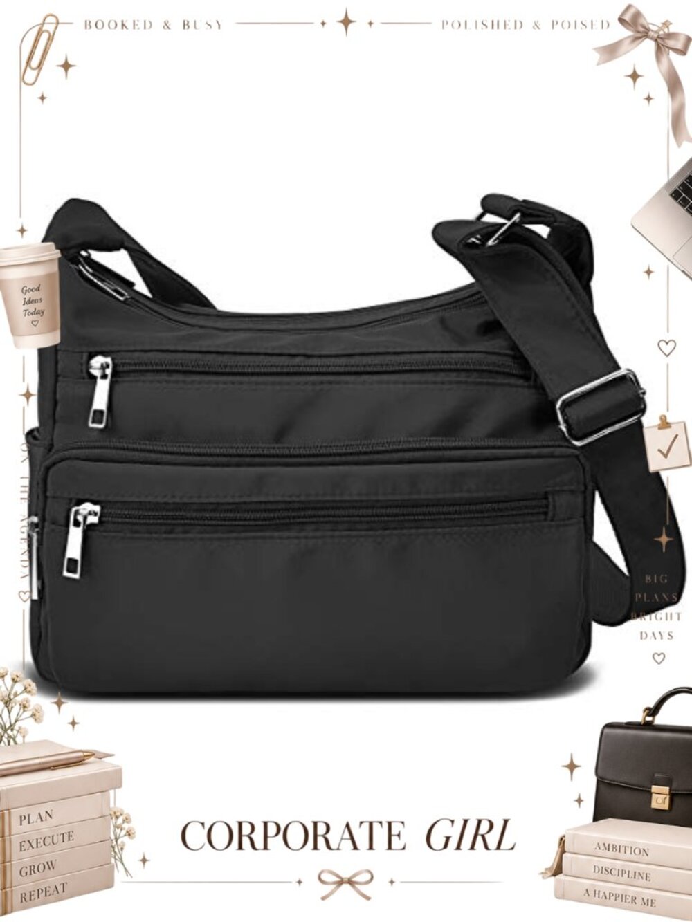 Nylon Crossbody Bag Lightweight Water Resistant Multi Pockets RFID Anti Theft